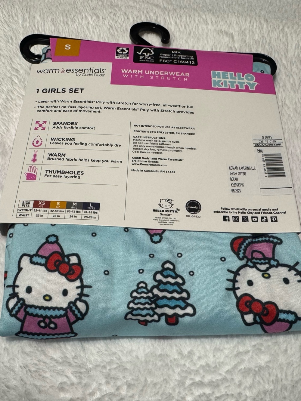 Warm Essentials By Cuddle Duds Girls Hello Kitty Warm Underwear Pajamas Size S - Picture 2 of 4